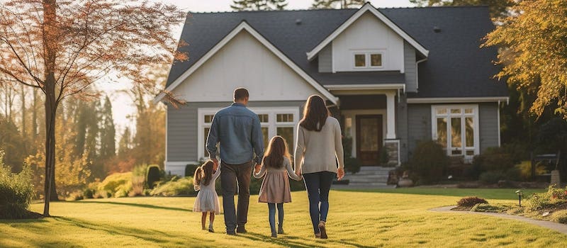 family walking in front of home